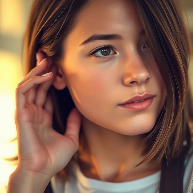 A close-up portrait of a person with a thoughtful expression, holding their ear in their own hand, showcasing a sense of contemplation or curiosity