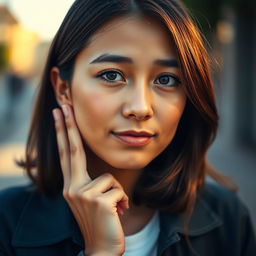 A close-up portrait of a person with a thoughtful expression, holding their ear in their own hand, showcasing a sense of contemplation or curiosity