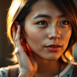 A close-up portrait of a person with a thoughtful expression, holding their ear in their own hand, showcasing a sense of contemplation or curiosity