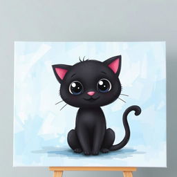 A charming painting featuring a cute black cat with large, expressive eyes, sitting in the center of the canvas