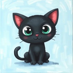 A charming painting featuring a cute black cat with large, expressive eyes, sitting in the center of the canvas