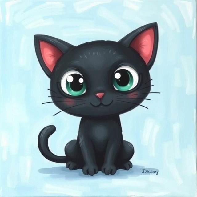 A charming painting featuring a cute black cat with large, expressive eyes, sitting in the center of the canvas