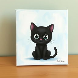 A charming painting featuring a cute black cat with large, expressive eyes, sitting in the center of the canvas