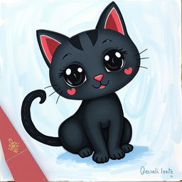 A charming painting featuring a cute black cat with large, expressive eyes, sitting in the center of the canvas