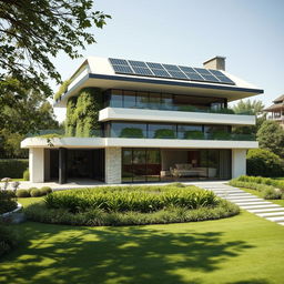 A futuristic house designed in a Bamw style, featuring sleek lines, large glass windows, and eco-friendly materials