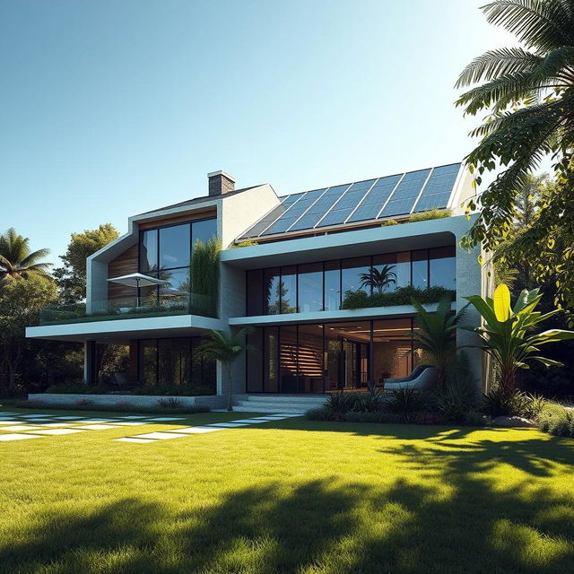 A futuristic house designed in a Bamw style, featuring sleek lines, large glass windows, and eco-friendly materials