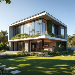 A futuristic house designed in a Bamw style, featuring sleek lines, large glass windows, and eco-friendly materials