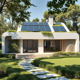 A futuristic house designed in a Bamw style, featuring sleek lines, large glass windows, and eco-friendly materials