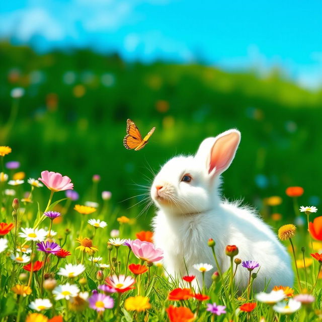 A fluffy rabbit in a vibrant green meadow filled with colorful wildflowers, with a bright blue sky overhead