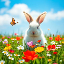 A fluffy rabbit in a vibrant green meadow filled with colorful wildflowers, with a bright blue sky overhead