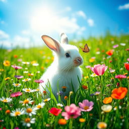 A fluffy rabbit in a vibrant green meadow filled with colorful wildflowers, with a bright blue sky overhead