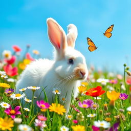 A fluffy rabbit in a vibrant green meadow filled with colorful wildflowers, with a bright blue sky overhead