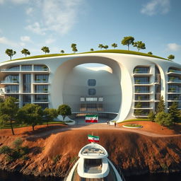 A stunningly realistic image of a modern building designed in a bionic and futuristic style, resembling the map of Iran