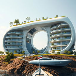 A stunningly realistic image of a modern building designed in a bionic and futuristic style, resembling the map of Iran