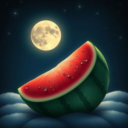 A whimsical scene depicting a half moon glowing softly in the night sky, with a vibrant half watermelon placed in the foreground