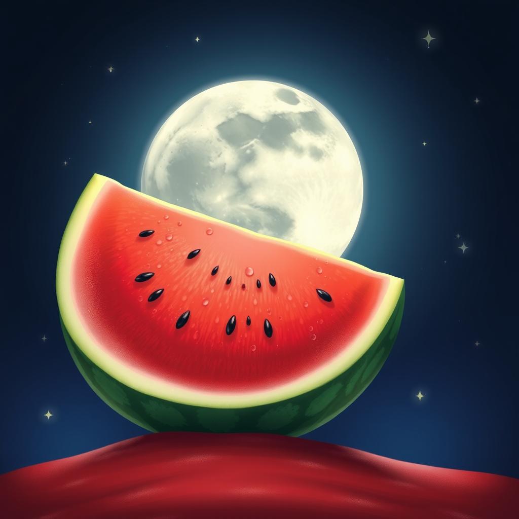 A whimsical scene depicting a half moon glowing softly in the night sky, with a vibrant half watermelon placed in the foreground