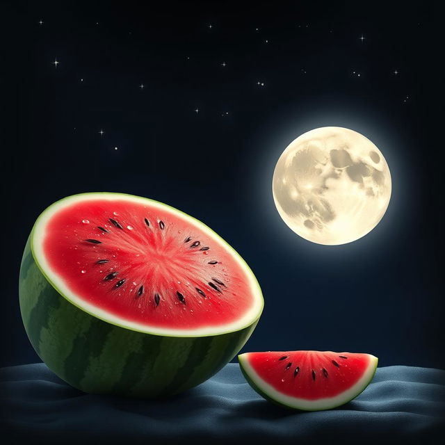 A whimsical scene depicting a half moon glowing softly in the night sky, with a vibrant half watermelon placed in the foreground