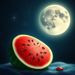 A whimsical scene depicting a half moon glowing softly in the night sky, with a vibrant half watermelon placed in the foreground
