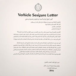 A legal notice document titled 'Vehicle Seizure Letter' in Persian language