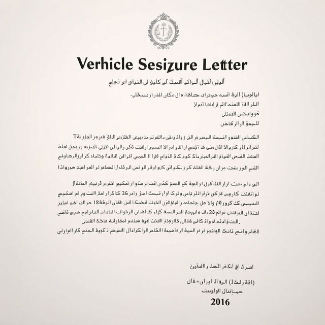 A legal notice document titled 'Vehicle Seizure Letter' in Persian language