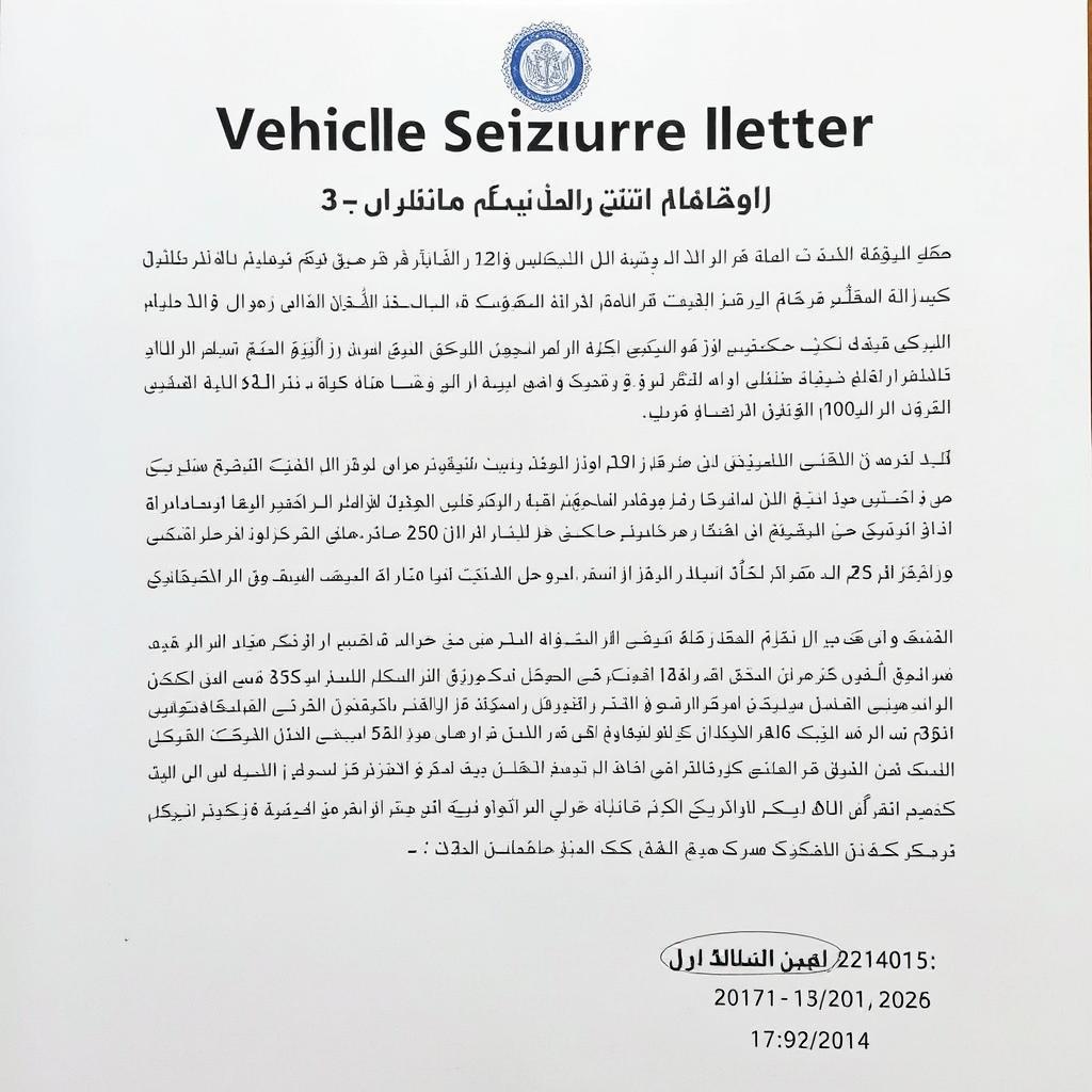 A legal notice document titled 'Vehicle Seizure Letter' in Persian language