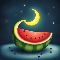 A whimsical and imaginative scene featuring a crescent moon gently resting against a half watermelon