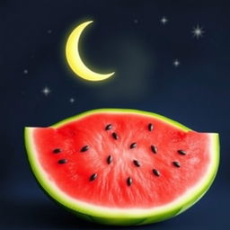 A whimsical and imaginative scene featuring a crescent moon gently resting against a half watermelon