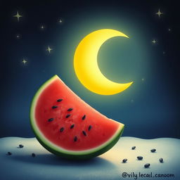 A whimsical and imaginative scene featuring a crescent moon gently resting against a half watermelon