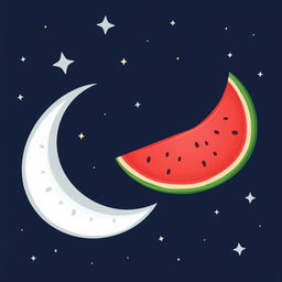 A whimsical illustration of a half watermelon seamlessly connected to a crescent moon, showcasing vibrant red flesh and seeds of the watermelon contrasting with the soft silvery glow of the moon