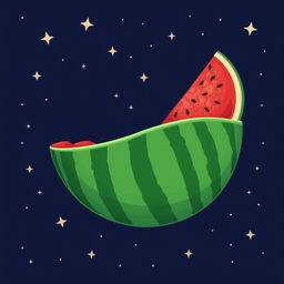 A whimsical illustration of a half watermelon seamlessly connected to a crescent moon, showcasing vibrant red flesh and seeds of the watermelon contrasting with the soft silvery glow of the moon