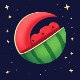 A whimsical illustration of a half watermelon seamlessly connected to a crescent moon, showcasing vibrant red flesh and seeds of the watermelon contrasting with the soft silvery glow of the moon
