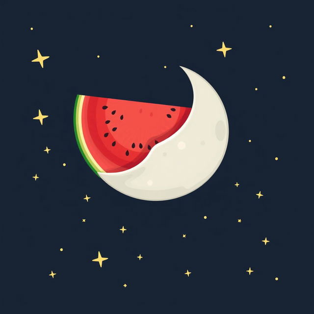 A whimsical illustration of a half watermelon seamlessly connected to a crescent moon, showcasing vibrant red flesh and seeds of the watermelon contrasting with the soft silvery glow of the moon