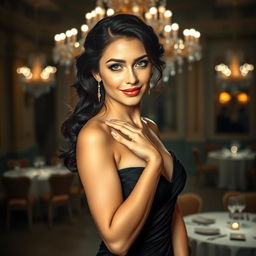 A stunning portrait of Zdenka Podkapova, a beautiful dark-haired woman, posed gracefully in an elegant gown that accentuates her figure