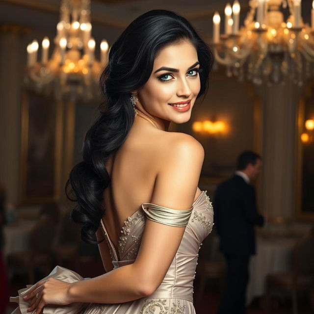 A stunning portrait of Zdenka Podkapova, a beautiful dark-haired woman, posed gracefully in an elegant gown that accentuates her figure