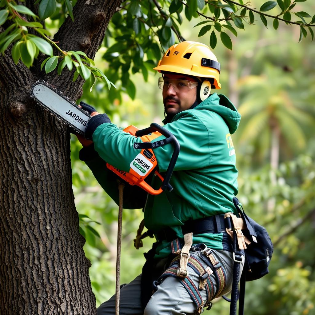 A worker is depicted climbing a tree, wearing a helmet and protective goggles