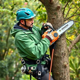 A worker is depicted climbing a tree, wearing a helmet and protective goggles