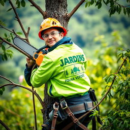 A worker is depicted climbing a tree, wearing a helmet and protective goggles