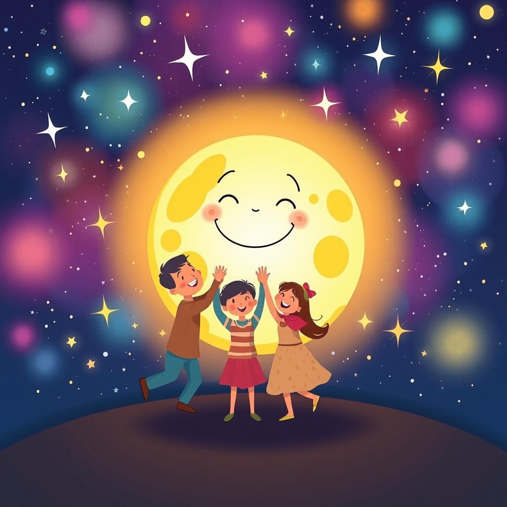 A whimsical and colorful illustration of the Moon being playfully embraced by a cheerful family