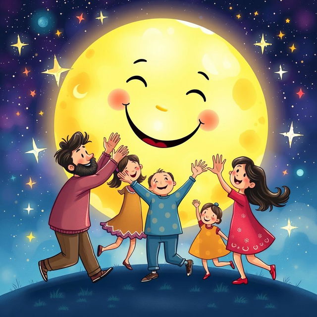 A whimsical and colorful illustration of the Moon being playfully embraced by a cheerful family