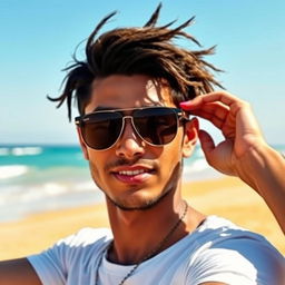 A stylish person wearing a casual summer outfit, complete with fashionable sunglasses that reflect sunlight