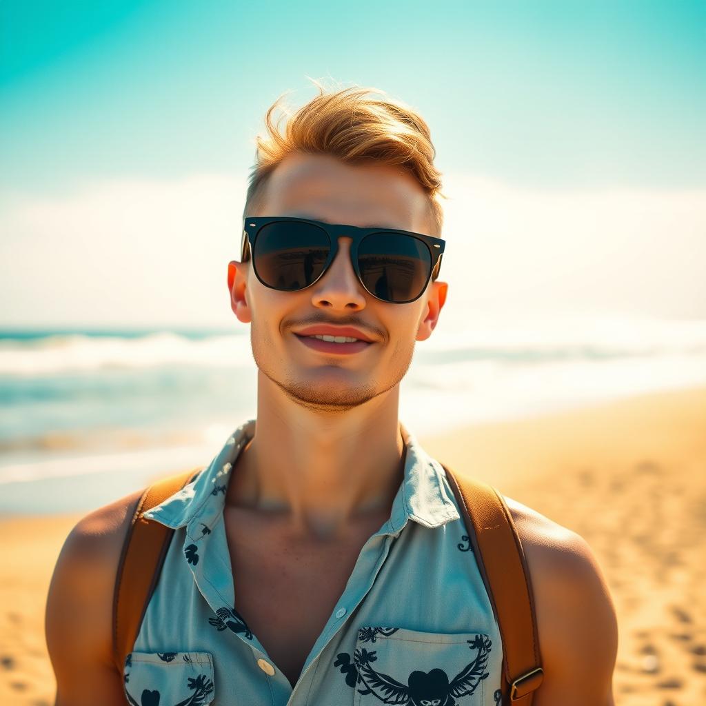 A stylish person wearing a casual summer outfit, complete with fashionable sunglasses that reflect sunlight