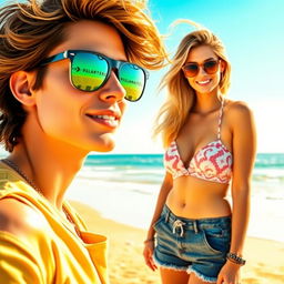A stylish person wearing a casual summer outfit, complete with fashionable sunglasses that reflect sunlight