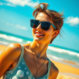 A stylish person wearing a casual summer outfit, complete with fashionable sunglasses that reflect sunlight
