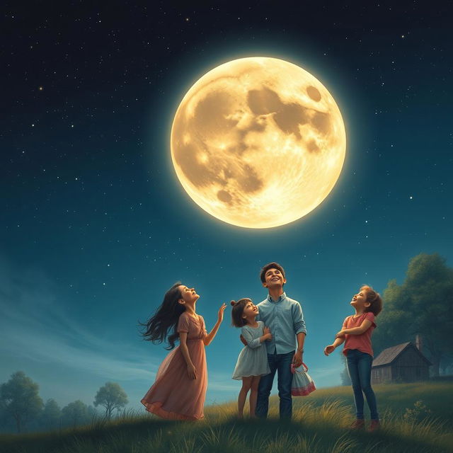 A captivating scene depicting the moon seemingly attached or intertwined with a family