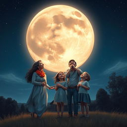 A captivating scene depicting the moon seemingly attached or intertwined with a family