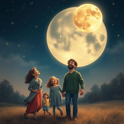 A captivating scene depicting the moon seemingly attached or intertwined with a family