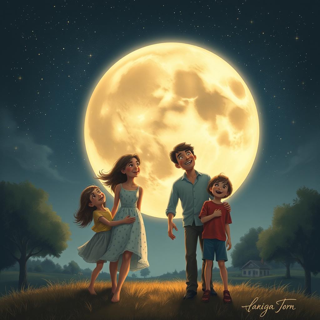 A captivating scene depicting the moon seemingly attached or intertwined with a family