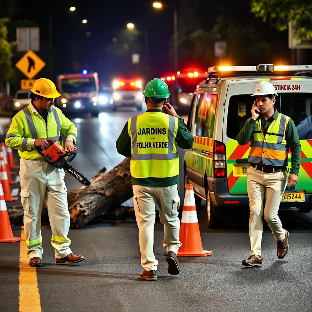 On a road, a team of three men is depicted working at night