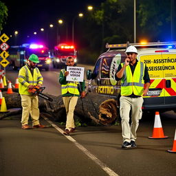 On a road, a team of three men is depicted working at night