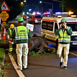 On a road, a team of three men is depicted working at night